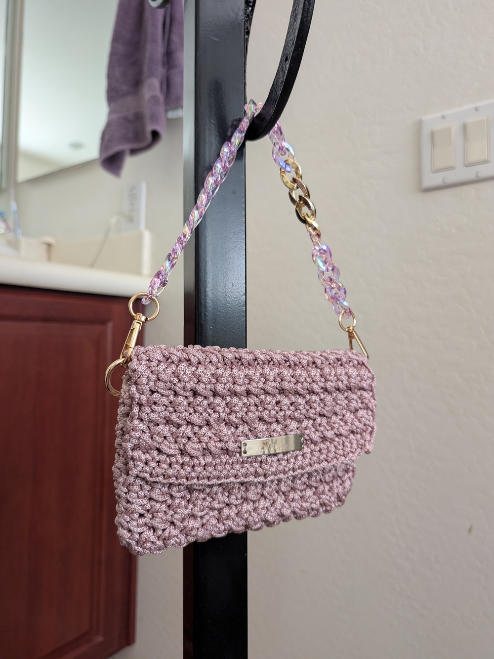 Handmade Pink Crochet Shoulder Bag with Iridescent Chain